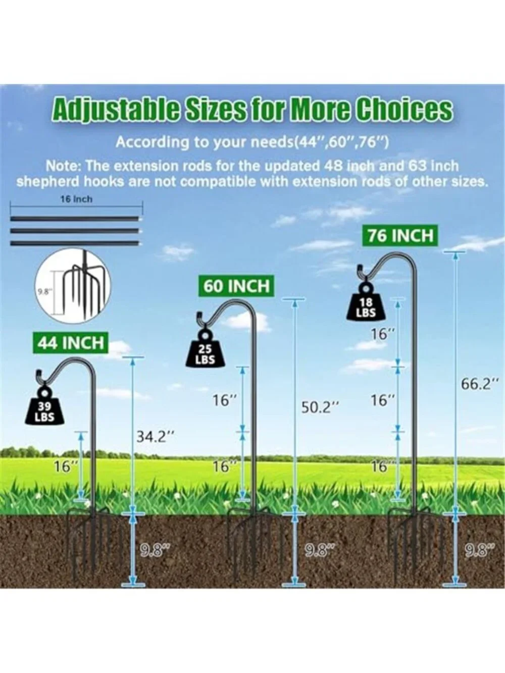 76'' Bird Feeder Pole, Heavy Duty Shepherds Hooks for Outdoor with 7-Prong Base